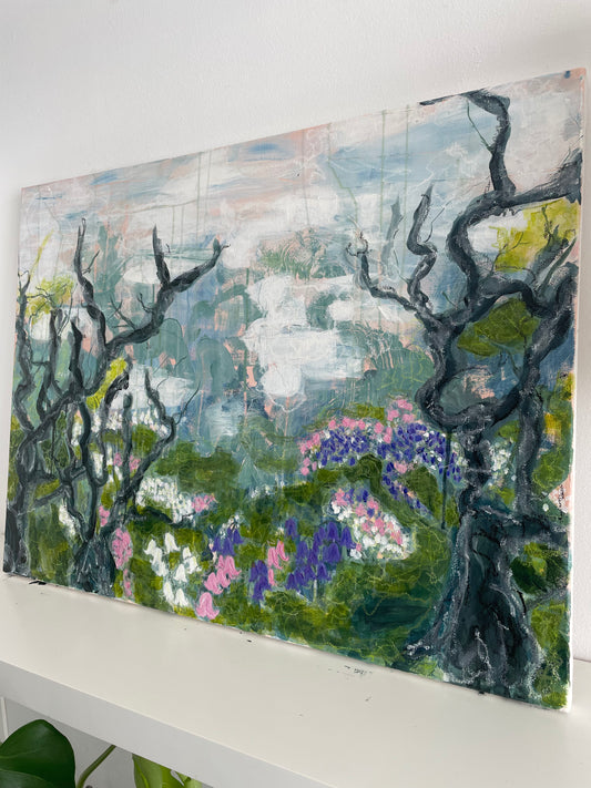 Early spring, semi abstract landscape painting by Karin Frenay