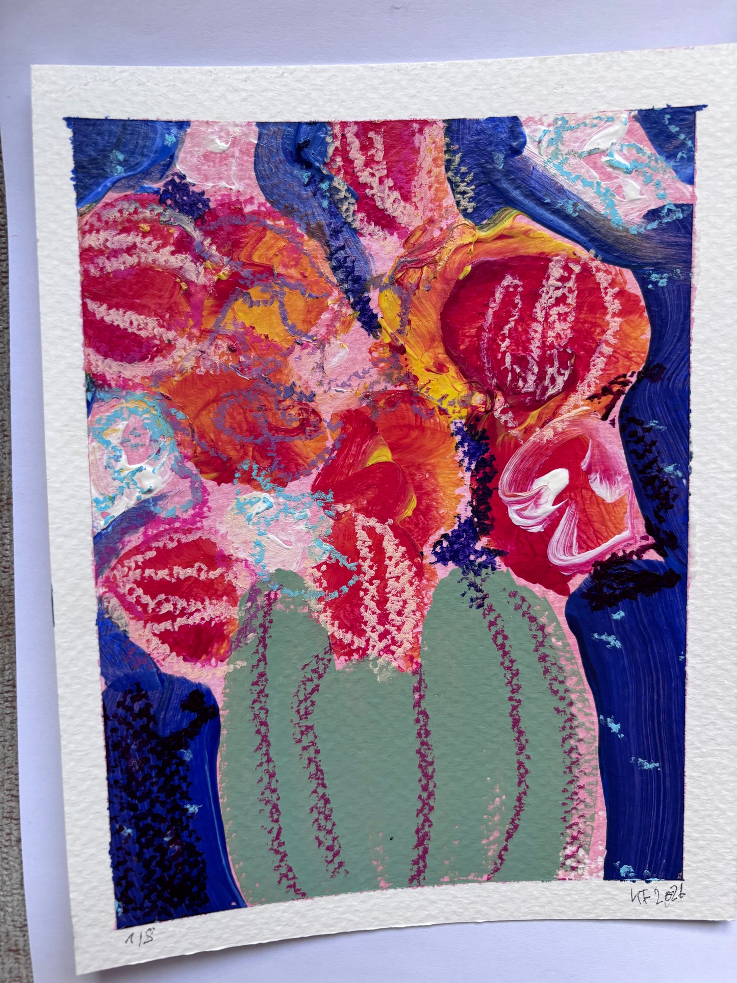 Red flowers in green vase 1-8