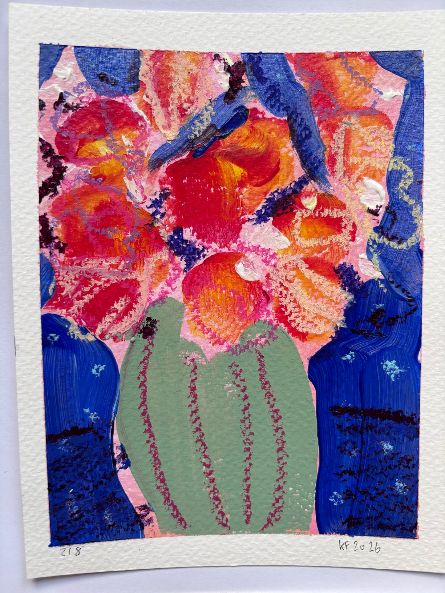 Red flowers in green vase 1-8