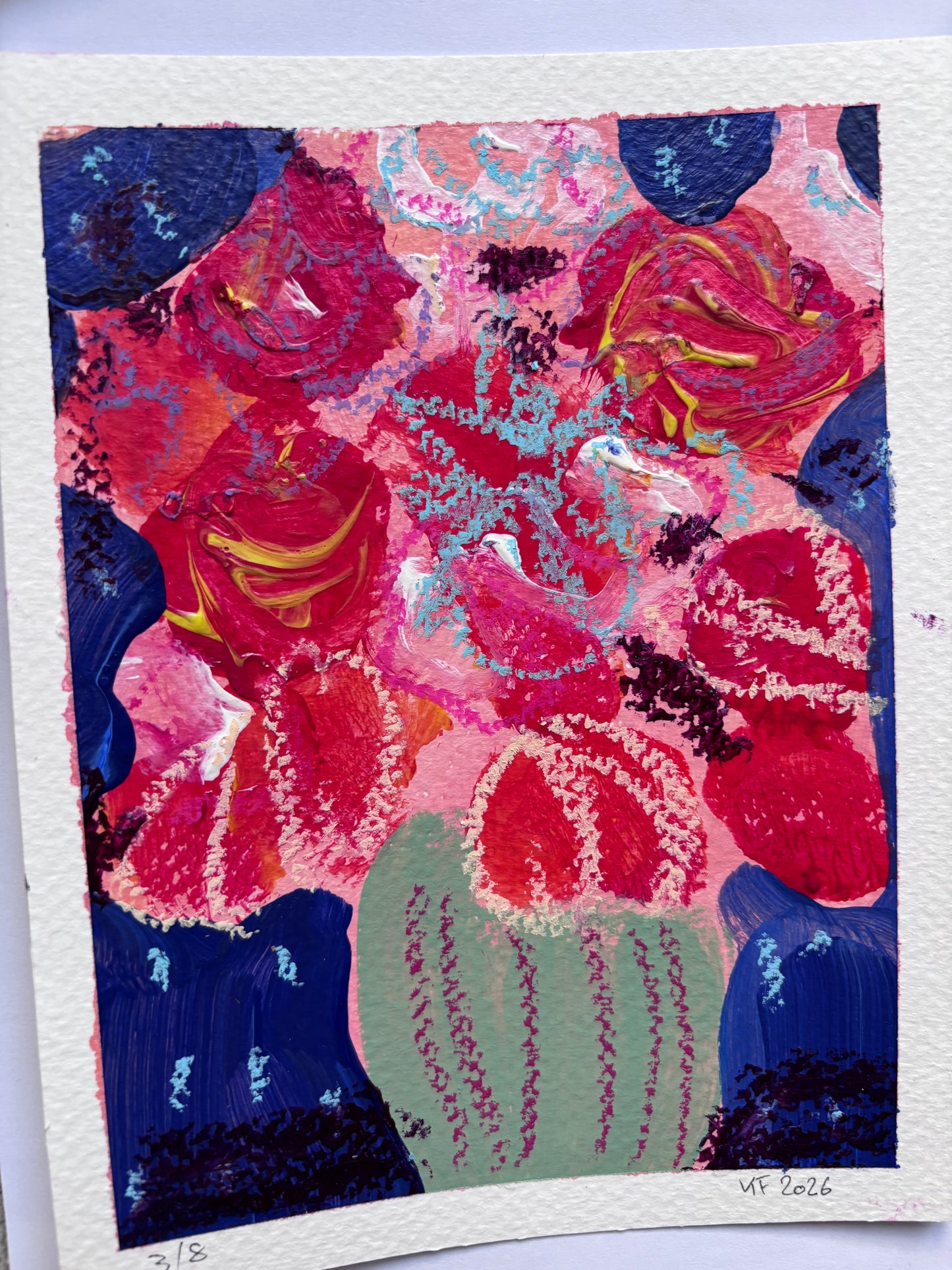 Red flowers in green vase 1-8