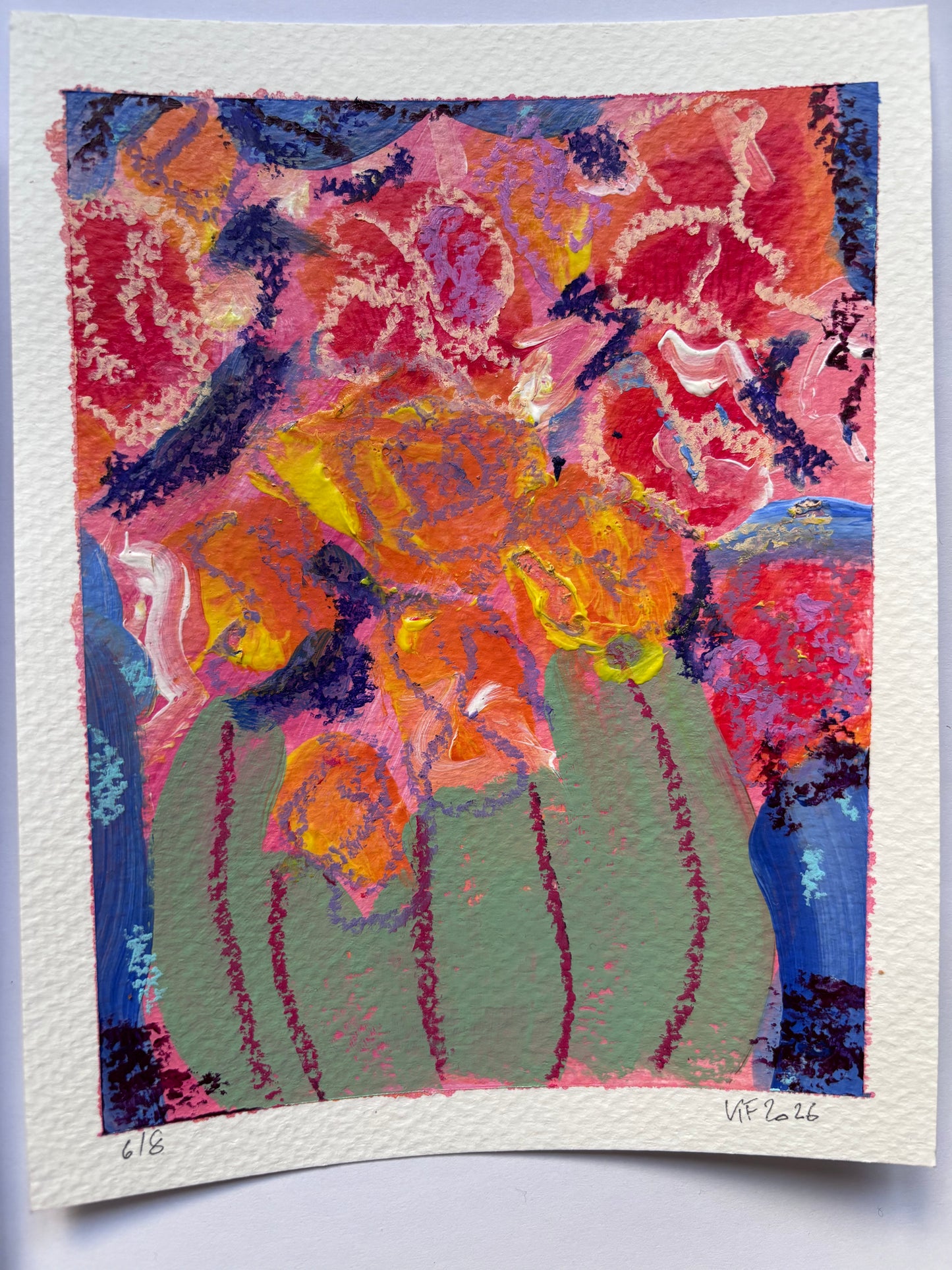 Red flowers in green vase 1-8