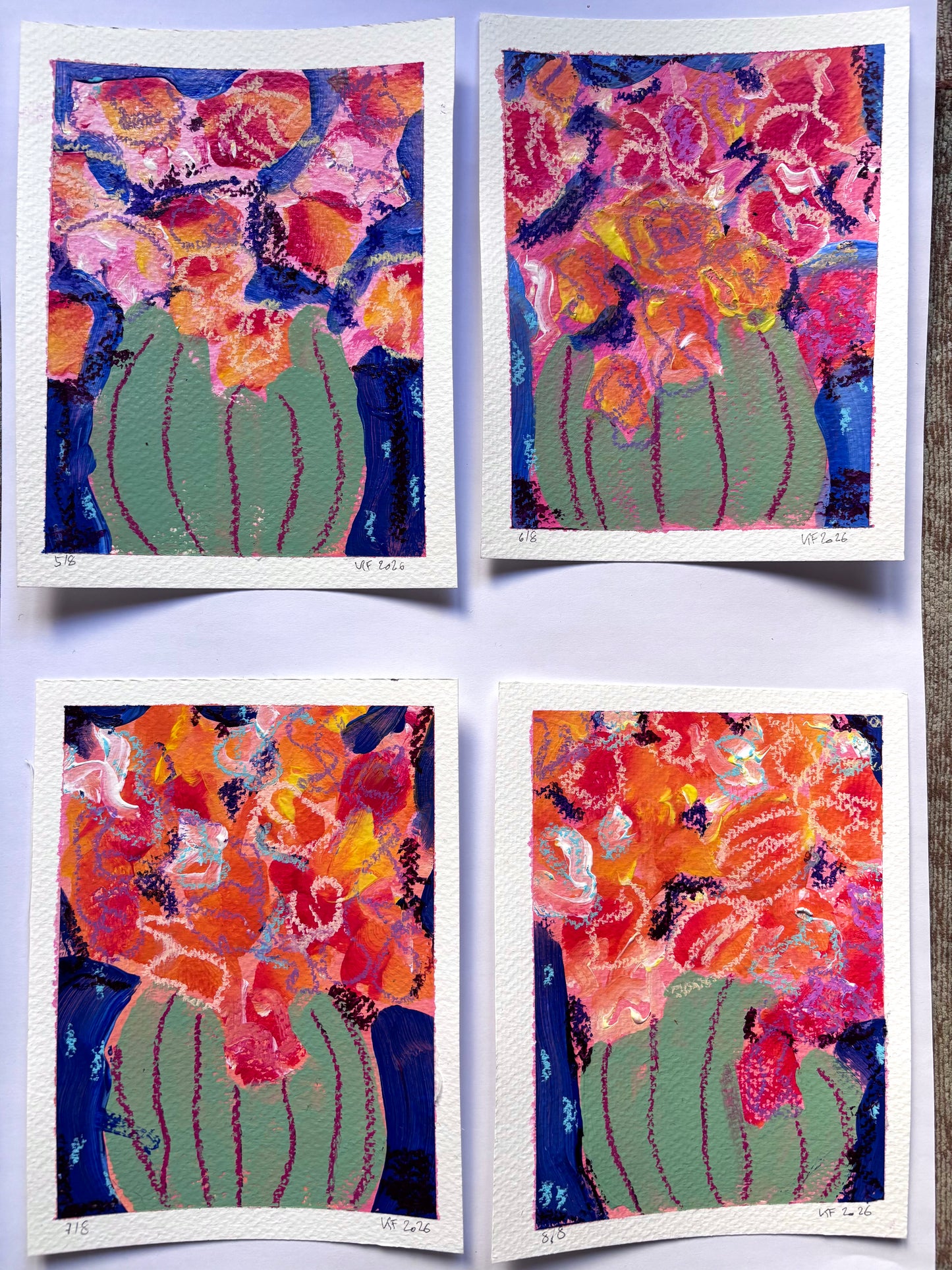 Red flowers in green vase 1-8