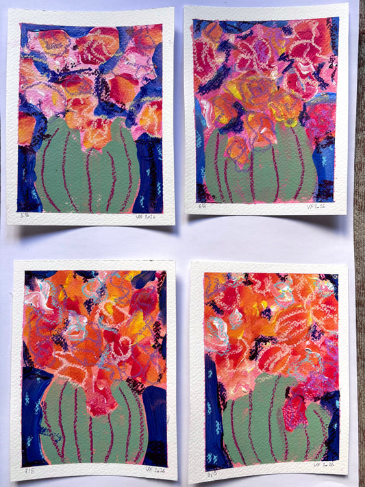 Red flowers in green vase 1-8