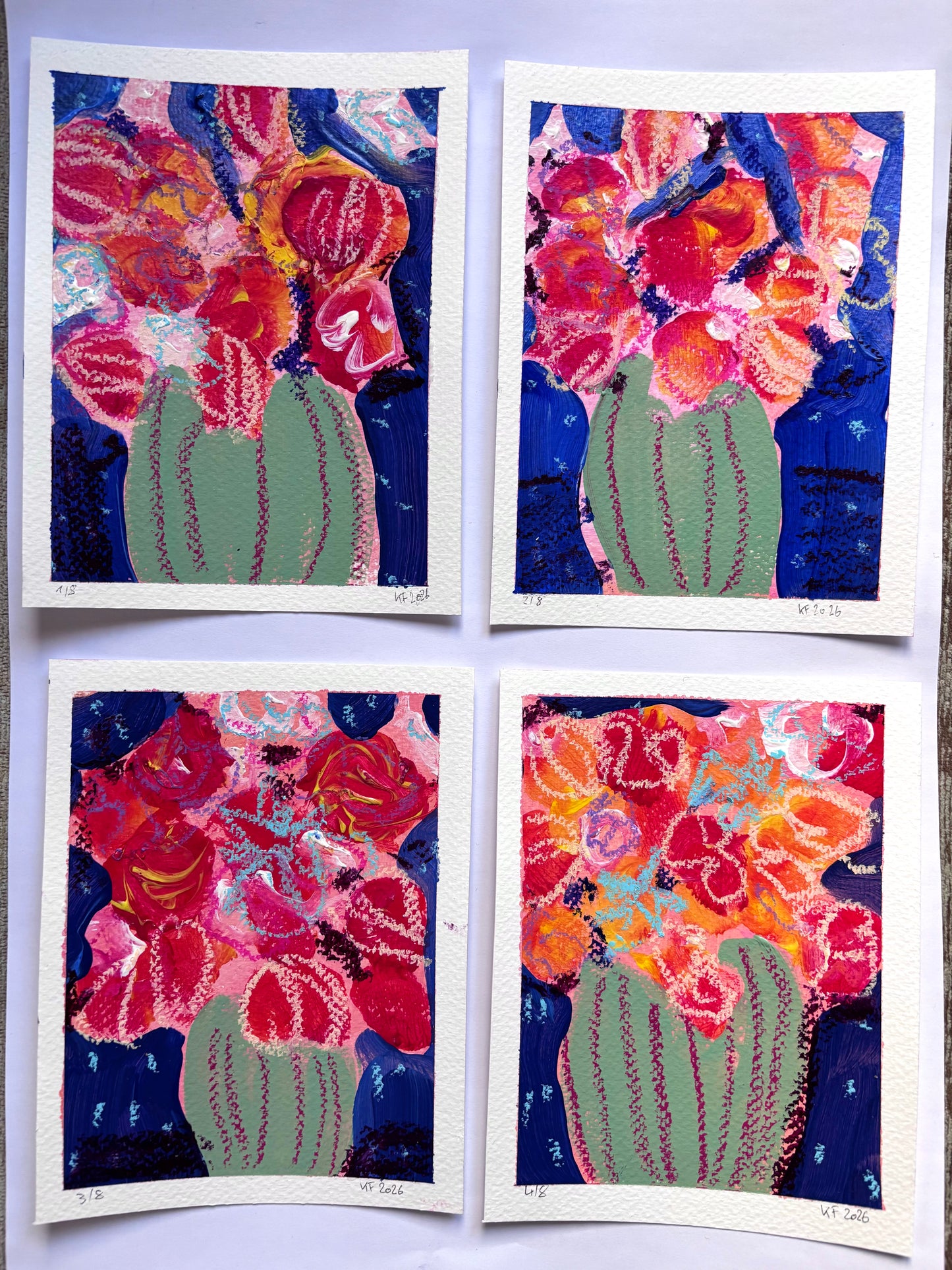 Red flowers in green vase 1-8