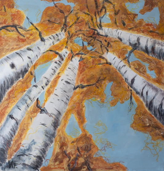 Into the sky 2 - I paint with acrylic on canvas and embellish the details with oil pastel. My goal is to make the artwork interesting from a distance and up close. Acrylic on canvas 50 x 50 cm