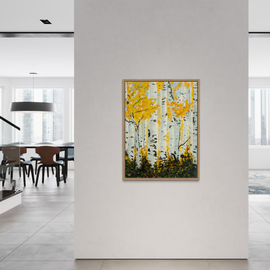 Painting Golden Birch Forest - The pure and fresh look of this painting will light up your space. As if you look out the window and the forest is close at hand.